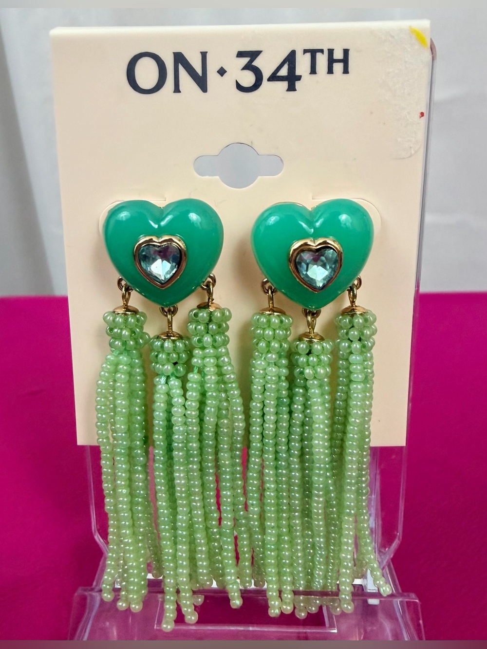 ON·34TH Mint Green Heart Earrings w/3 Beaded Drop Tassels & Gold Accents NWT